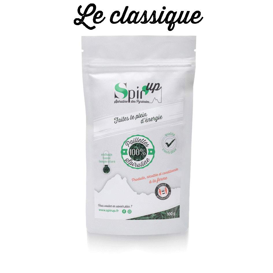 Le sachet de spiruline 100g correspondant à 1 mois de cure revitalisante. La spiruline spirup est produire à Pau en Béarn dans le sud ouest de la France. elle est cultivée artisanalement et séchée à basse température pour une préservation optimale de ses nutriments et avoir le plus haut taux de phycocyanine.