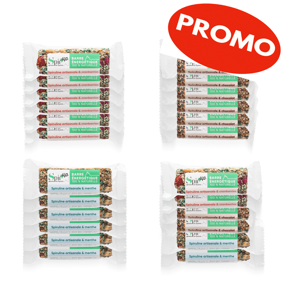 Lot de 6 barres énergétiques bio à la spiruline, amandes, miel et sésame, fabriquées à Pau, Pyrénées, prix avantageux