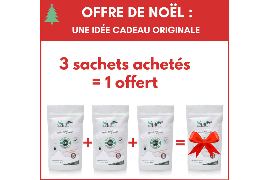 Ce n'est pas une offre black friday sur notre spiruline. Seulement une offre pour Noël. La promotion concerne les sachets de spiruline en paillettes cultivée chez Spir'up, la spiruline des Pyrénées. Elle assure vitalité et détox en cette période de changement de saison. C'est un complément alimentaire naturel qui convient aux femmes enceintes, anémiées mais aussi à tous le monde : sportifs, enfants, personnes âgées.